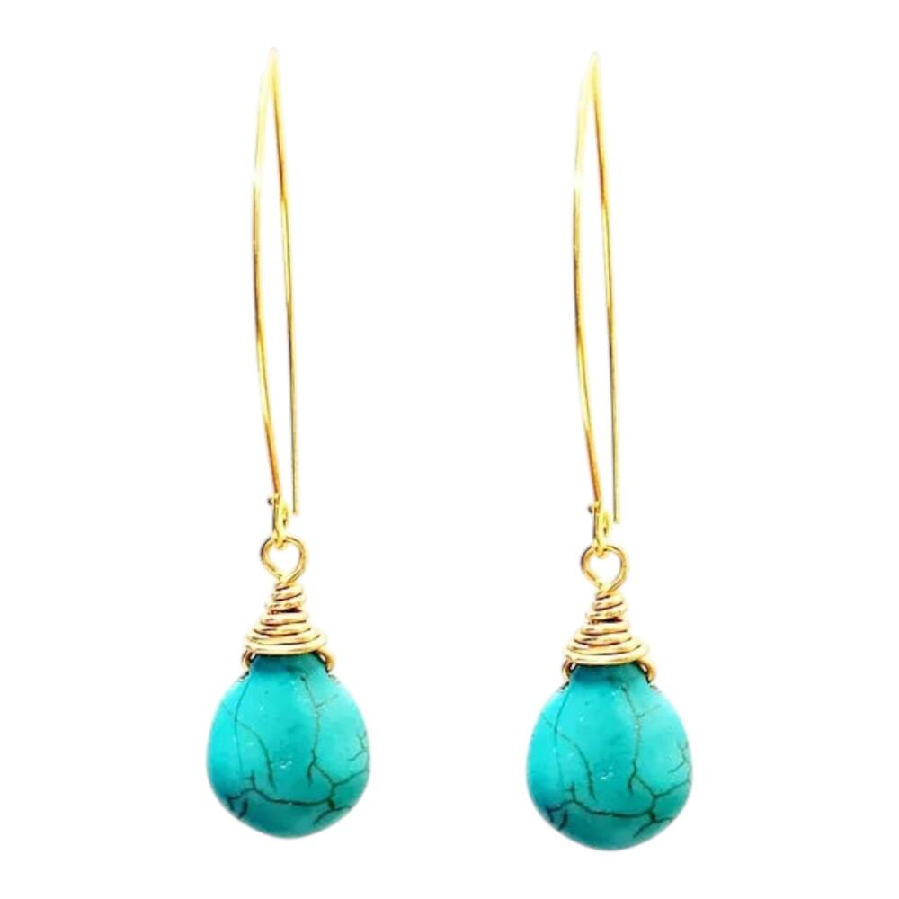 MINU Jewels Turquoise Earrings Gold Tone Wire Wrap Dangle NWT